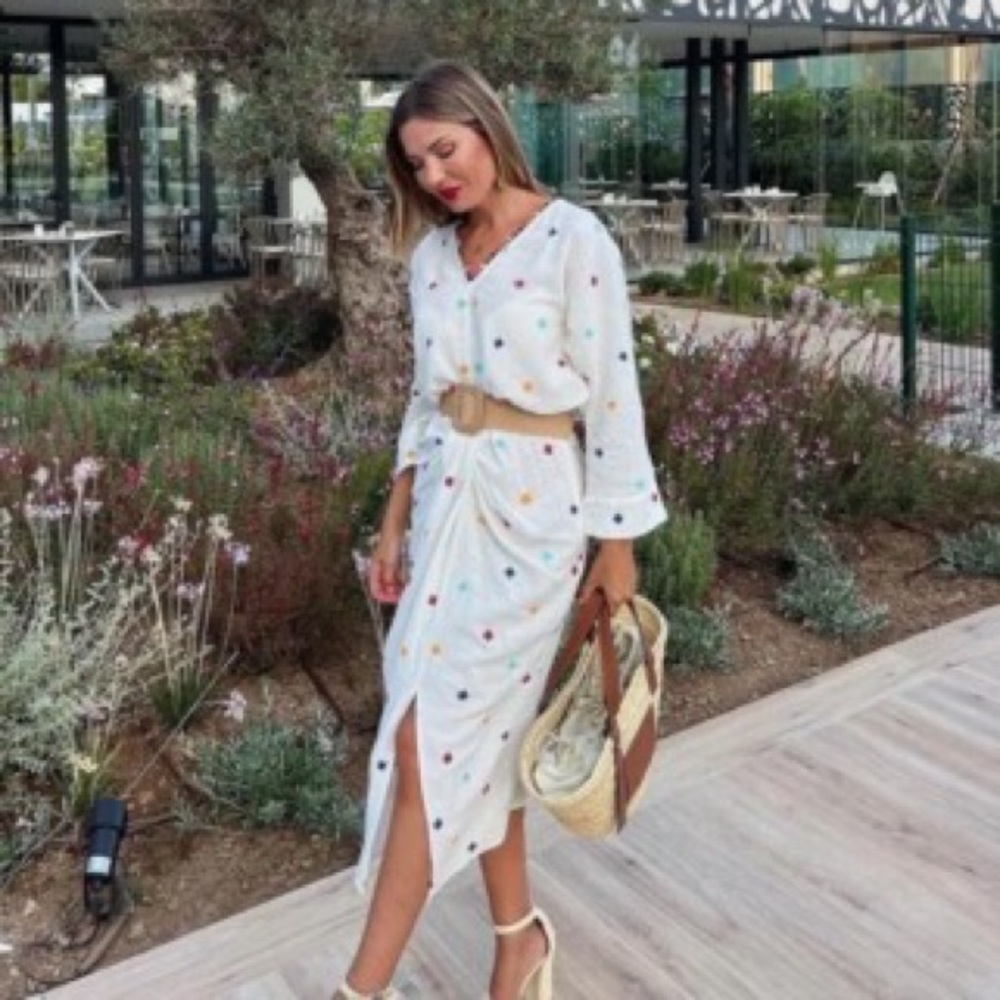 Zara White Midi Dress with Multicolor Polka Dots